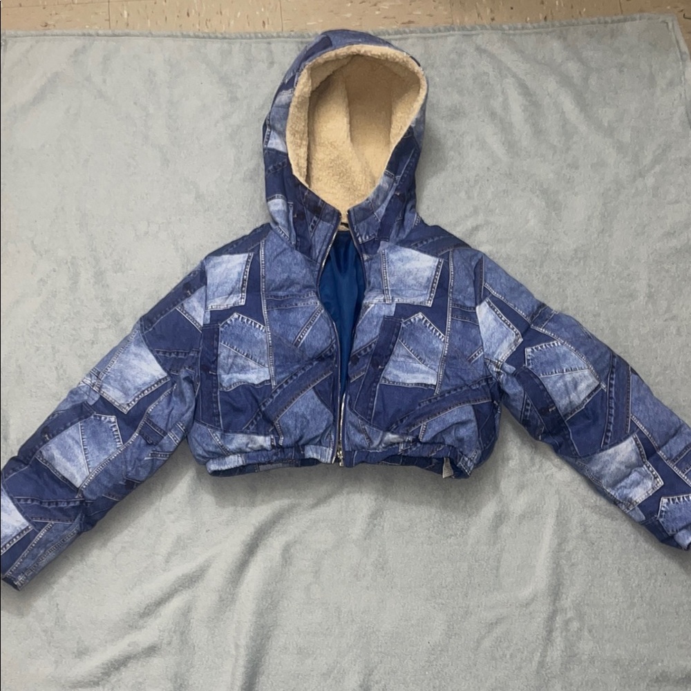 SHEIN-Jean Blue Patchwork Hooded puffer Jacket